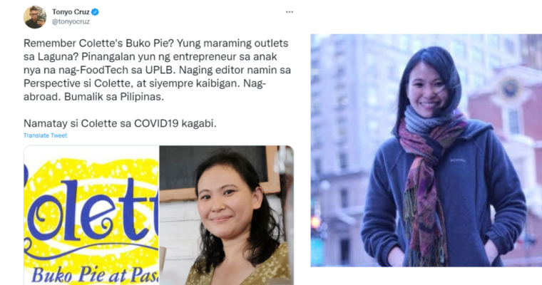 Ang babaeng inspirasyon sa likod ng sikat na Colette’s Buko Pie ng Laguna, pumanaw dahil sa COVID-19